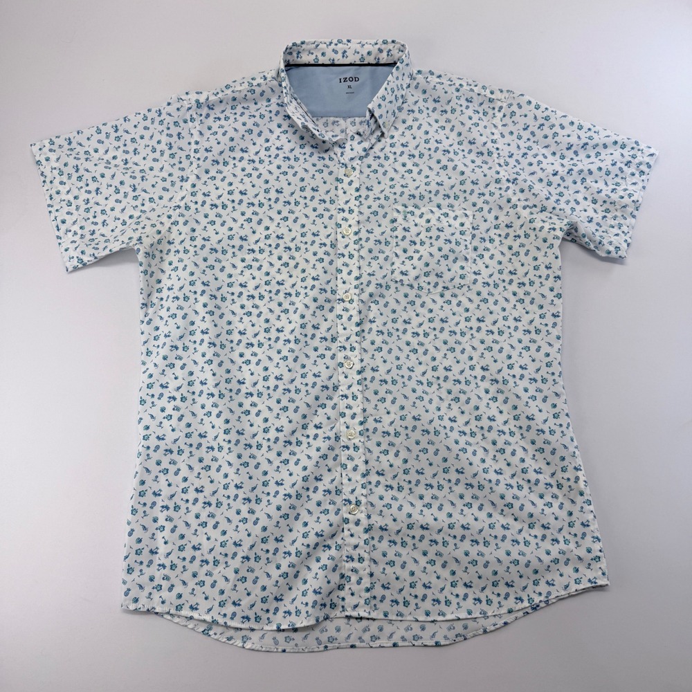 IZOD Mens XL Short Sleeve Button Down Shirt White Blue Tropical Pineapple Print